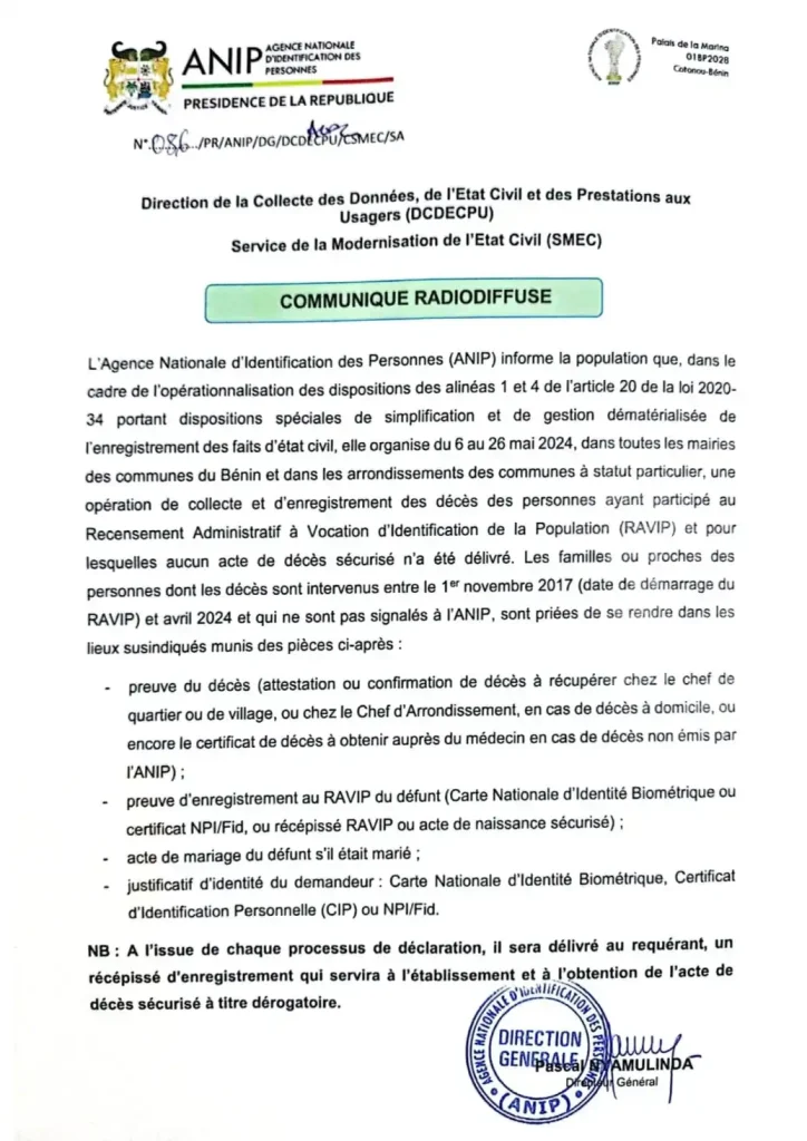 Benin: Census of Deceased Individuals Registered in RAVIP 1 Communique ANIP 1 Benin: Census of Deceased Individuals Registered in RAVIP