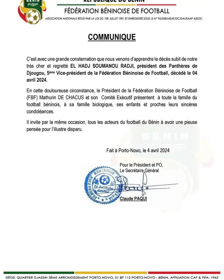 Benin: Tragedy Strikes the FBF 1 Communique FBF 1 Benin: Tragedy Strikes the FBF