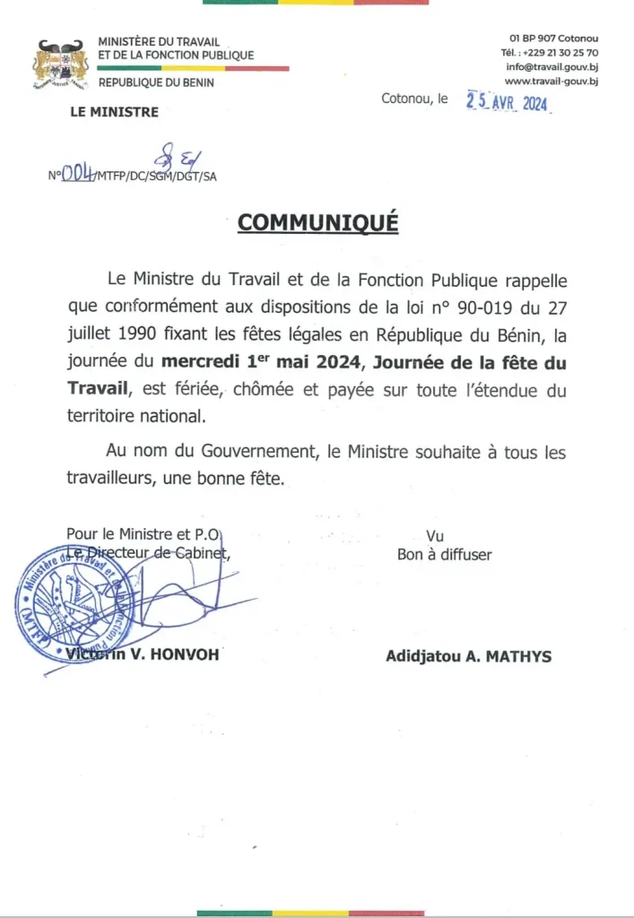 Benin: Wednesday, May 1, 2024, Declared a Public Holiday, Non-working, and Paid 1 Communique fete de travail benin 1 Benin: Wednesday, May 1, 2024, Declared a Public Holiday, Non-working, and Paid