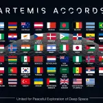Flags of the countries signatory to the Artemis accords against the backdrop of the Moon