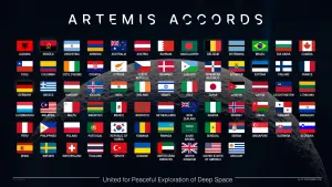 Flags of the countries signatory to the Artemis accords against the backdrop of the Moon