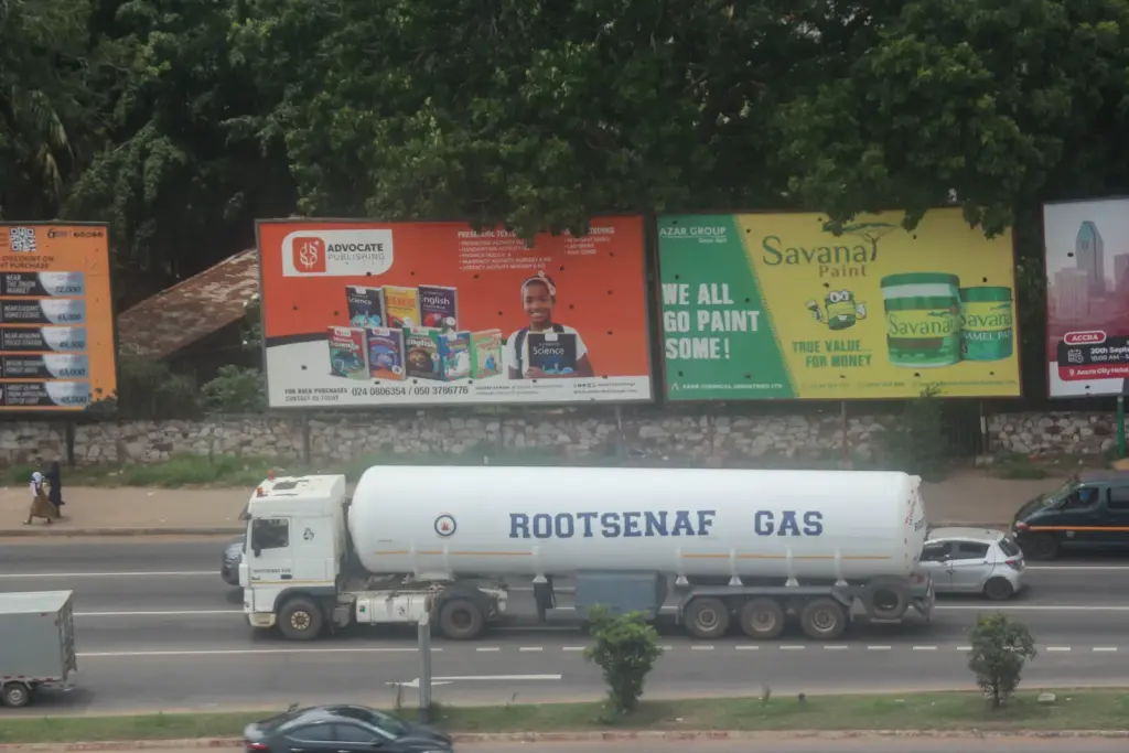 Tanker truck transporting gas on a road in Accra, Ghana