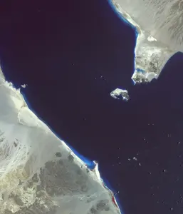 Satellite view of the Bab el-Mandeb Strait between Djibouti and Yemen