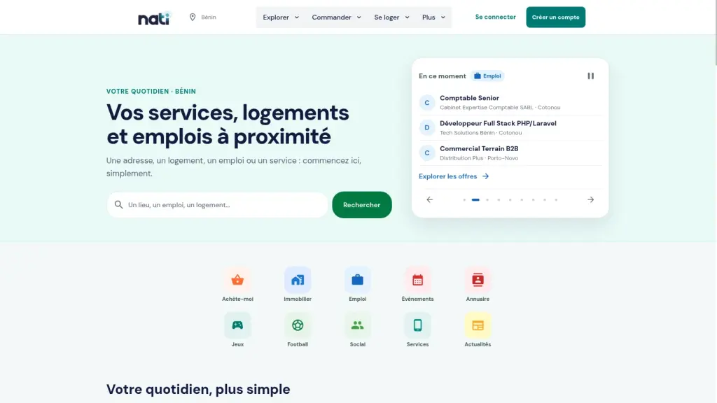 Homepage of Nati and its service sections: real estate, employment, and leisure