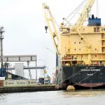 A ship docked at the Autonomous Port of Abidjan in Côte d’Ivoire