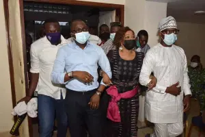 Joel Aivo et Reckya Madougou lors d'un meeting à Porto-Novo, mars 2021 (archive)