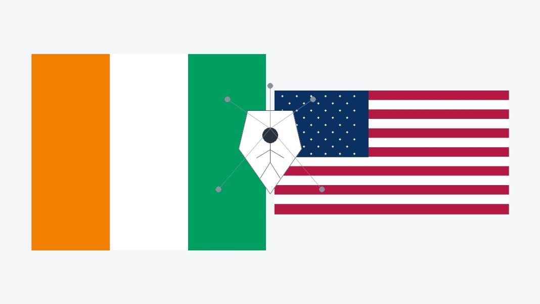 Drapeaux de la Côte d’Ivoire et des États-Unis avec un symbole de protection numérique des enfants