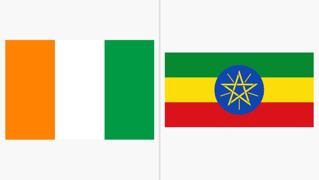 Drapeaux de la Côte d’Ivoire et de l’Éthiopie – illustration de la coopération bilatérale