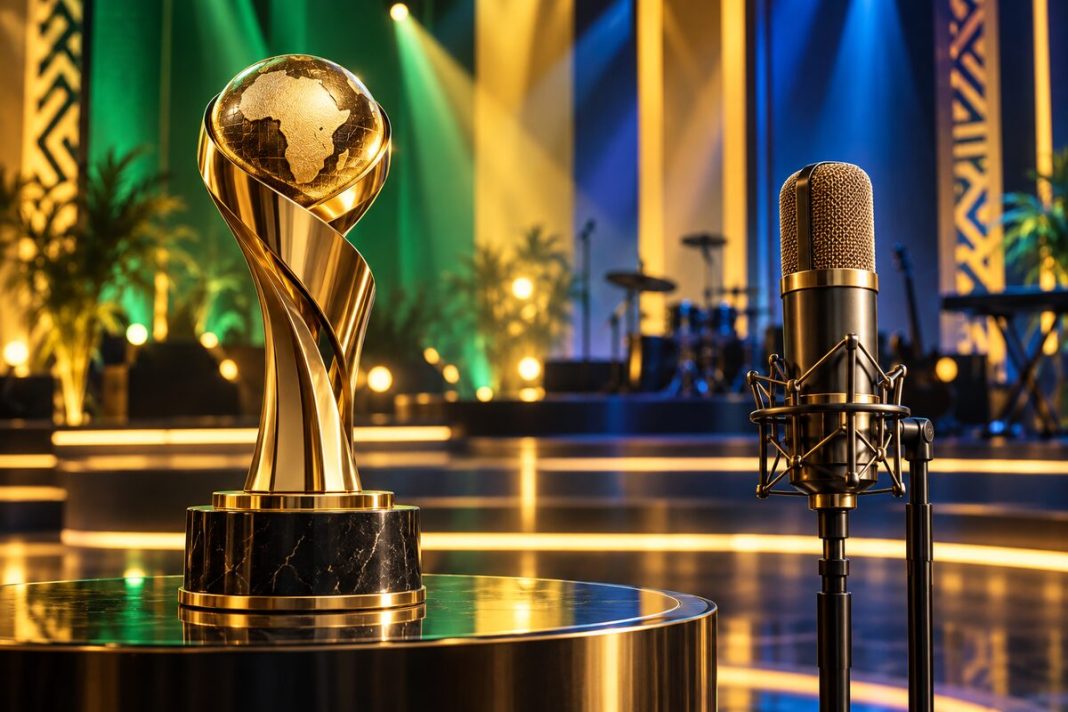 Illustration d’un trophée musical et d’un microphone aux couleurs du Gabon