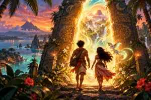 Illustration d’une aventure animée sur une île inspirée du folklore philippin