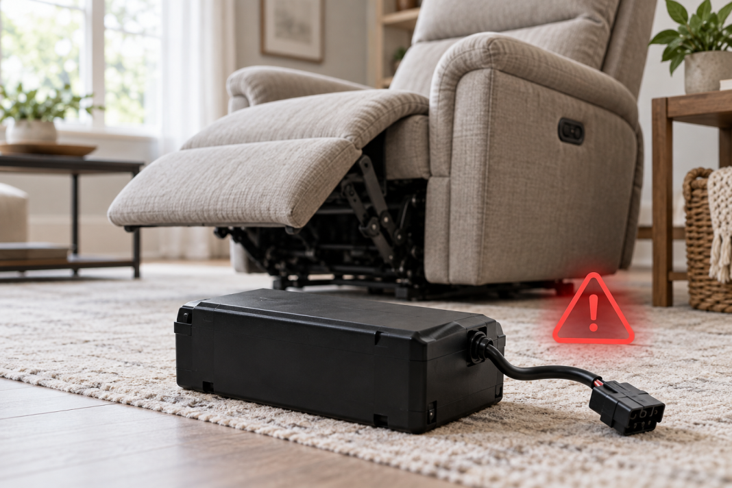 Batterie rechargeable débranchée devant un fauteuil inclinable