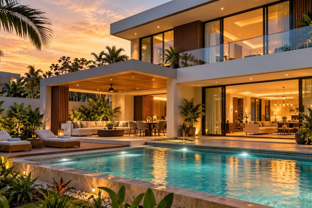 Maison contemporaine avec piscine, illustration éditoriale