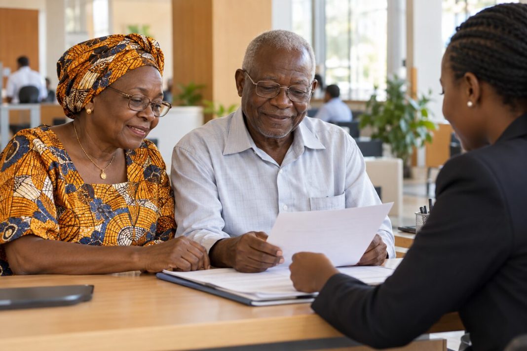 Deux retraités ivoiriens examinent un document de pension
