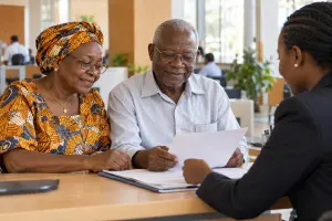 Deux retraités ivoiriens examinent un document de pension