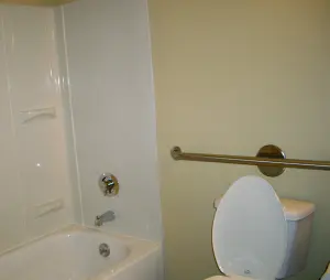 Salle de bains équipée d’une barre d’appui près des toilettes et de la douche