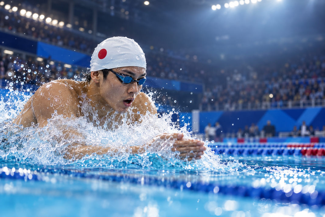 Un nageur japonais en pleine épreuve de 200 m brasse