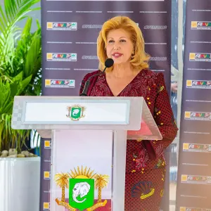 Dominique Ouattara prononce un discours au FEMUA 16, en mai 2024.