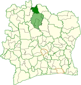 Carte localisant le département de M’Bengué dans la région du Poro