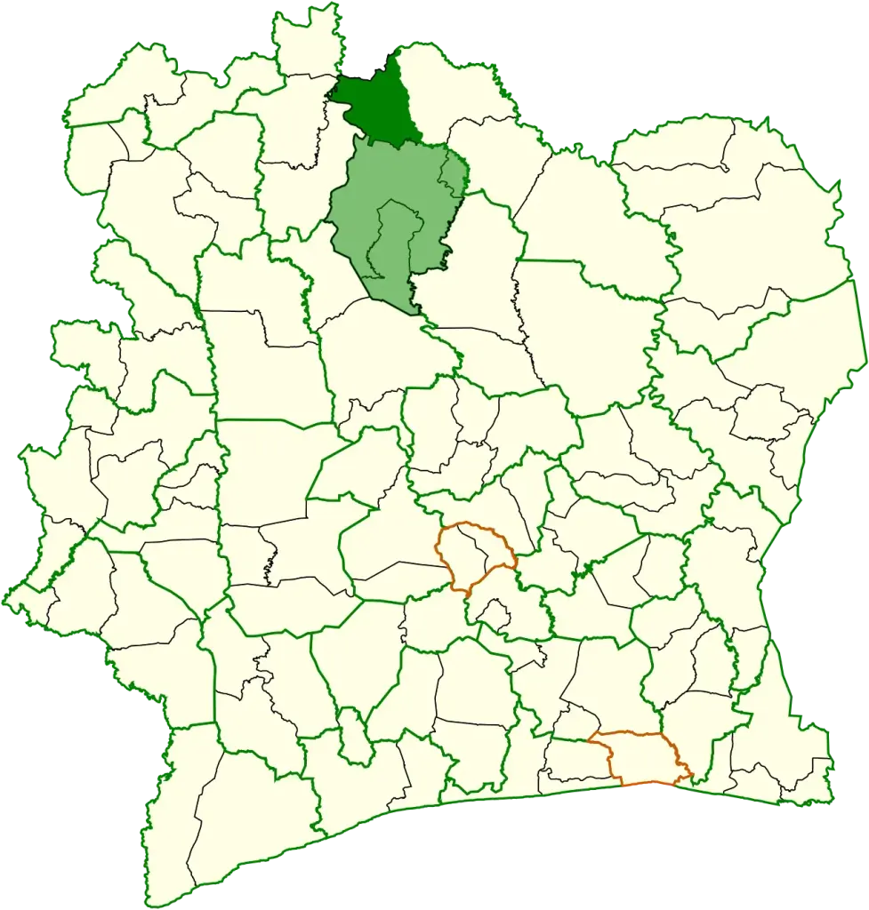 Carte localisant le département de M’Bengué dans la région du Poro